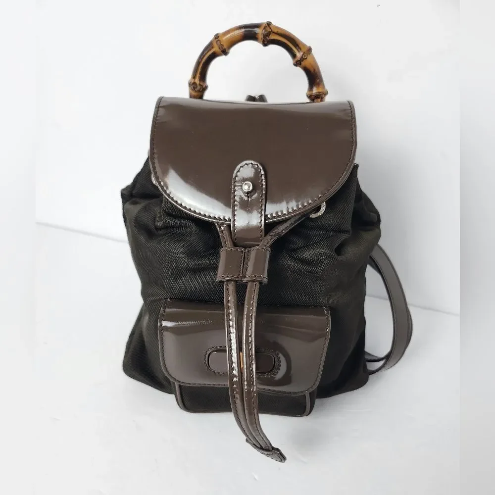 Gucci Bamboo Backpack Nylon Enamel Brown Made In Italy 8x8 Gucci Drawstring Nylon Exterior Bags & Handbags for Women  main image 4